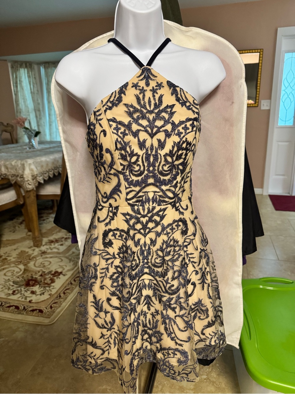 Elegant Royal Blue Lace Overlay Halter Dress in Cream